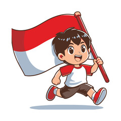 cartoon vector of children running carrying the Indonesian red and white flag