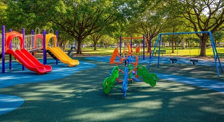 A vibrant, colorful outdoor playground with slides, swings, and climbing structures on a rubberized surface, surrounded by lush green trees and bathed in bright sunlight.