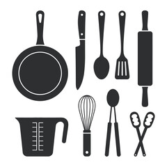 Culinary Utensils Collection Frying Pan Knife Spoon Spatula Rolling Pin Measuring Cup Whisk Tongs Scissors Kitchenware Set