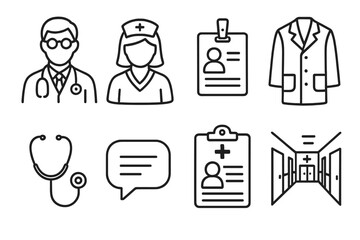 Fototapeta premium Medical icons illustrating healthcare professionals and tools in simple line art