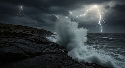 Coastal Fury: Captivating scene as a colossal wave crashes against the rugged coastal rocks, illuminated by striking lightning bolts slashing through a storm-laden sky, conveying raw power of nature.