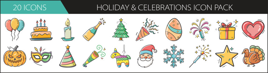 Holiday and Celebration Doodle Icon Set - Festive hand-drawn icons featuring holiday symbols, party elements, and seasonal decorations—perfect for greeting cards, invitations, and event designs.