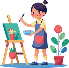 Girl painting on canvas, little girl painting on easel