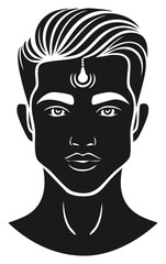 Stylized black and white portrait of a handsome young man with a traditional bindi ornament