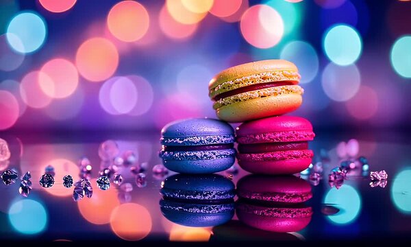 A stack of colorful macarons on a reflective surface with blurred colorful lights