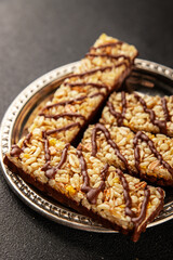 Cereal bar whole grain healthy eating sweet dessert fresh delicious gourmet food background on the table rustic food top view copy space keto and paleo diet vegan and vegetarian food