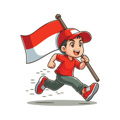 cartoon vector of children running carrying the Indonesian red and white flag