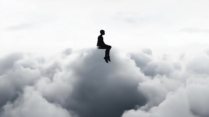 Person sitting on top of clouds in minimalistic black and grey.