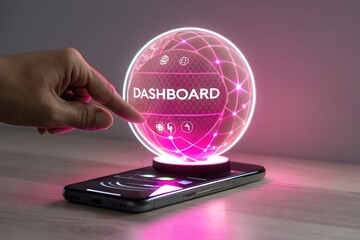 A finger touches a holographic dashboard projected from a smartphone representing digital innovation and data analytics in a modern technological interface