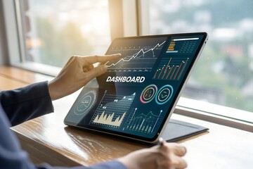 A person interacting with a digital dashboard on a tablet displaying various charts and graphs for data analysis and business insights