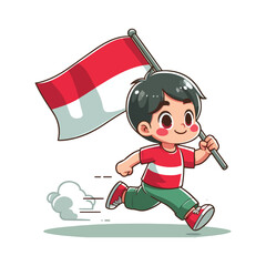 cartoon vector of children running carrying the Indonesian red and white flag