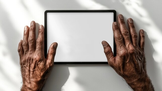An older person's hands resting on a blank digital tablet, symbolizing the intersection of technology and life experience.