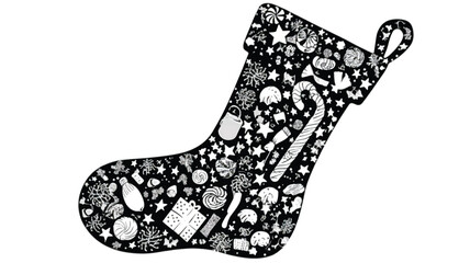 Festive Christmas Stocking Filled with Treats and Decorations Hand Drawn Black and White Holiday Illustration