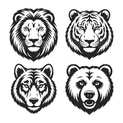 Powerful Animal Head Vector Collection Featuring Lion, Tiger, Bear, and Wolf for Wildlife and Mascot Design Projects