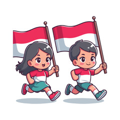cartoon vector of children running carrying the Indonesian red and white flag