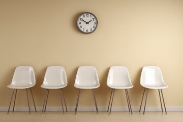 Waiting Room: A clock hangs above an organized row of chairs. The wall has a neutral color palette, evoking a sense of calm.