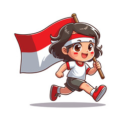 cartoon vector of children running carrying the Indonesian red and white flag