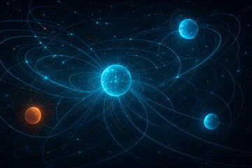 Abstract space art wallpaper background with planets stars and glowing lines for desktop and mobile use