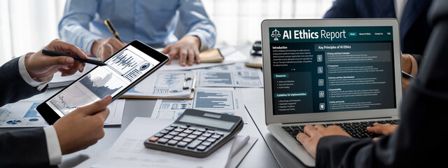 AI ethics responsibility standard law and rules on computer screen provide report of AI ethic...