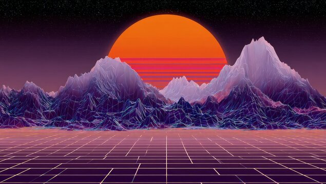 Pixelated Retro Sunset Over Mountains