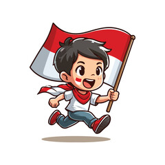 cartoon vector of children running carrying the Indonesian red and white flag