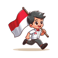 cartoon vector of children running carrying the Indonesian red and white flag