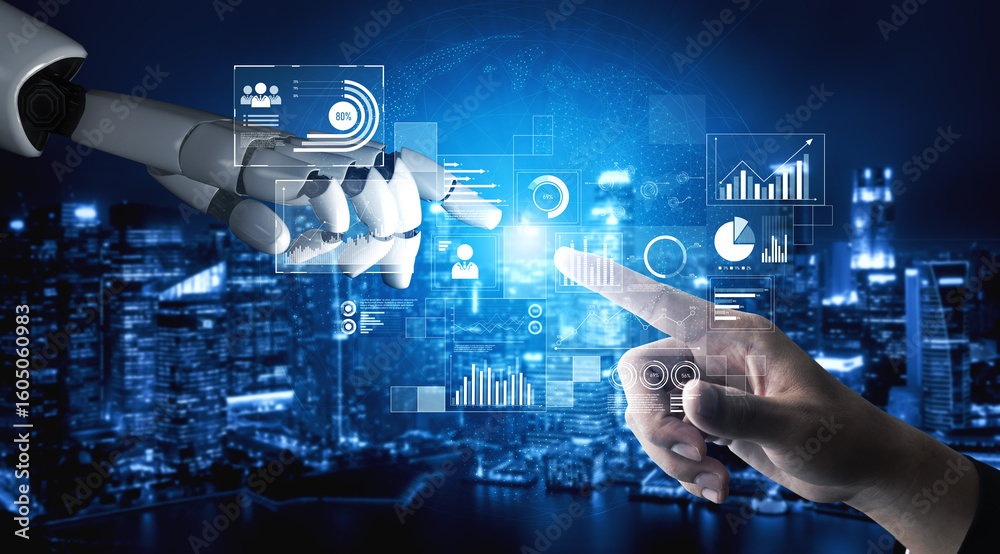 Poster ai interacts with data analytics dashboard, reading trends, improving decisions, and enhancing insig