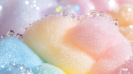 Fototapeta premium close-up of colorful cotton candy in soft pastel color with dew drops