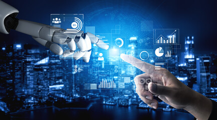 AI interacts with data analytics dashboard, reading trends, improving decisions, and enhancing...