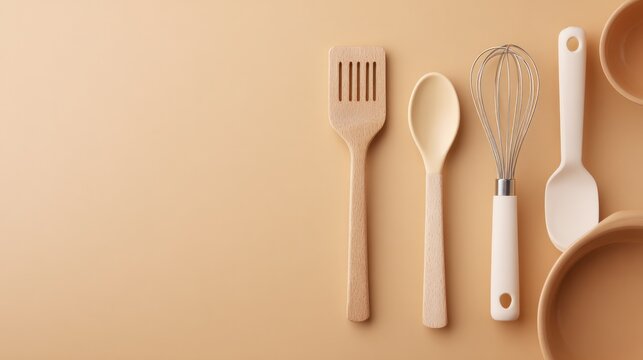 minimalistic arrangement of kitchen utensils on solid colored background with ample copy space