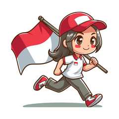 cartoon vector of children running carrying the Indonesian red and white flag
