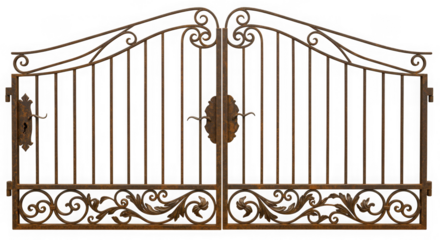 Ornate rusted iron gate with scrollwork design isolated on white showcasing its vintage texture and decorative metalwork isolated on transparent background