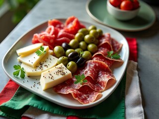 Italienische Vorspeise mit Salami Käse Oliven auf Teller bei natürlichem Tageslicht fotografiert