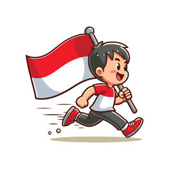 cartoon vector of children running carrying the Indonesian red and white flag
