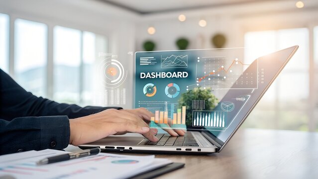 A person working on a laptop displaying a dashboard with various charts and graphs representing data analysis and business intelligence