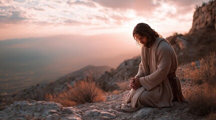Jesus kneeling in solitude on mountain at sunrise &ndash; hands clasped in deep prayer as soft morning light glows behind him, capturing sacred stillness and inner strength.