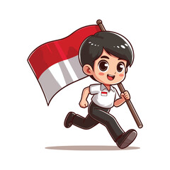 cartoon vector of children running carrying the Indonesian red and white flag