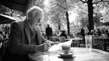 Elderly Man Enjoying Leisure Time at Outdoor Cafe in Tweed Jacket