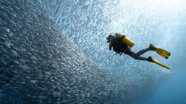 Scuba diver with yellow fins and a yellow oxygen tank is swimming near a massive school of fish, creating a breathtaking underwater scene
