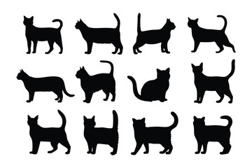 A collection of stylized black cat silhouettes displaying various expressive facial features and ear shapes