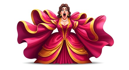 Cartoon dramatic opera singer in a wide stance, mouth open mid-note, bold gown with vibrant flowing layers, expressive face, white background

