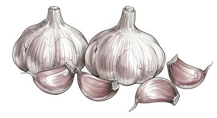 Monochrome illustration of garlic bulbs and cloves with detailed shading and texture on a transparent background