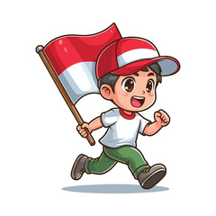 cartoon vector of children running carrying the Indonesian red and white flag
