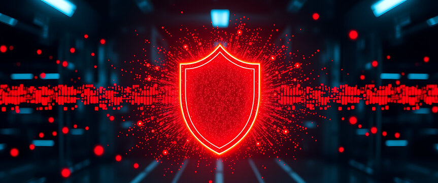 Digital Shield Icon Depicting Cybersecurity in Data Center Environment | glowing red shield icon with data patterns represents cybersecurity & protection within modern server or technology Environment