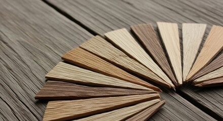 A fanshaped collection of wood samples showcasing a variety of natural colors and textures on a rustic wooden background