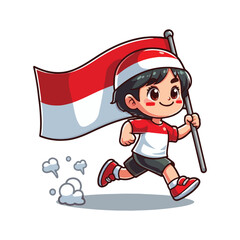 cartoon vector of children running carrying the Indonesian red and white flag