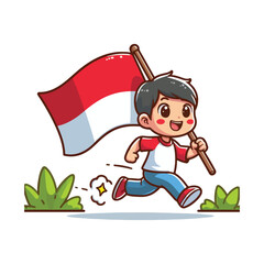 cartoon vector of children running carrying the Indonesian red and white flag