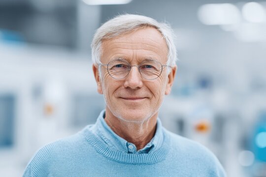 portrait of elderly white male scientist standing in solar research lab modern equipment blurred behind - Powered by Adobe