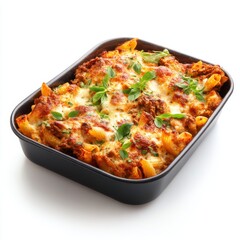 Delicious baked pasta dish with melted cheese and herbs isolated on white background