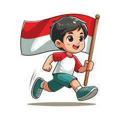 cartoon vector of children running carrying the Indonesian red and white flag
